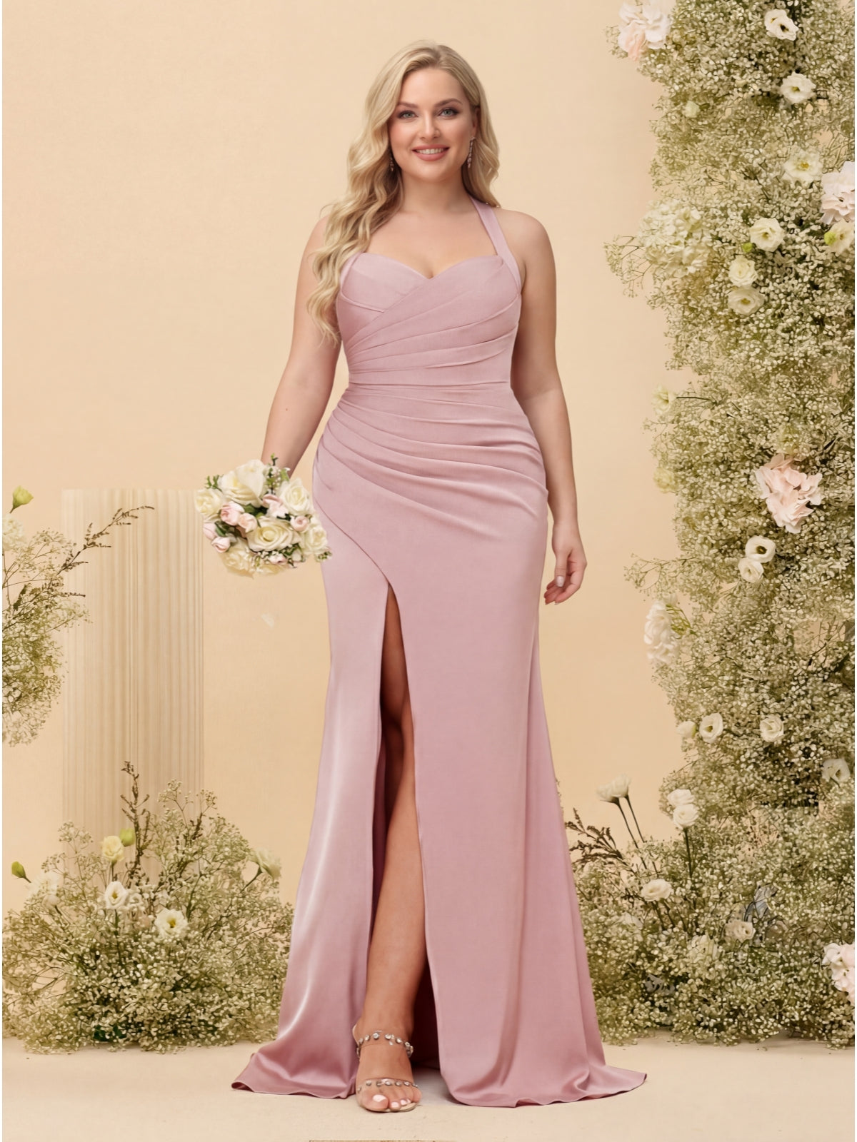 Sheath/Column Halter Sweetheart Long Formal Plus Size Dresses with Split Side & Ruched
