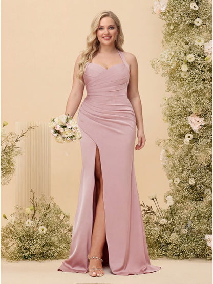 Sheath/Column Halter Sweetheart Long Formal Plus Size Dresses with Split Side & Ruched
