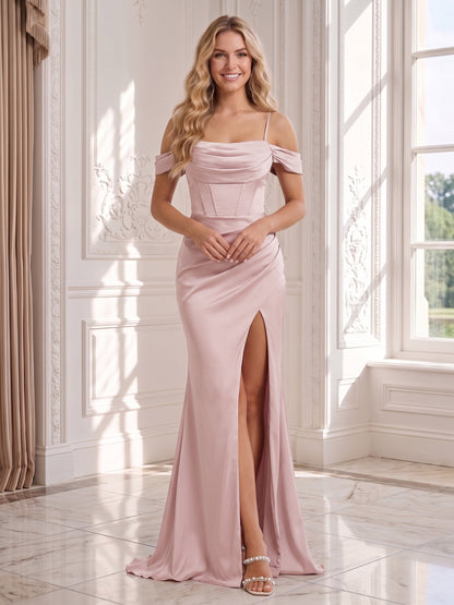 Sheath/Column Off-the-Shoulder Spaghetti Straps Wedding Guest Dresses with Split Side