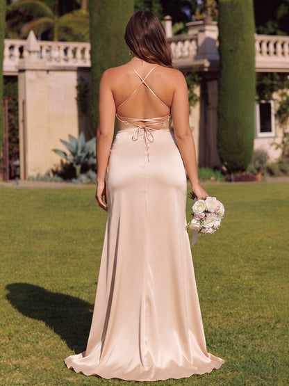 Sheath/Column Cowl Neck Sleeveless Dense Stretch Satin Floor-Length Plus Size Bridesmaid Dresses with Split Side & Ruched