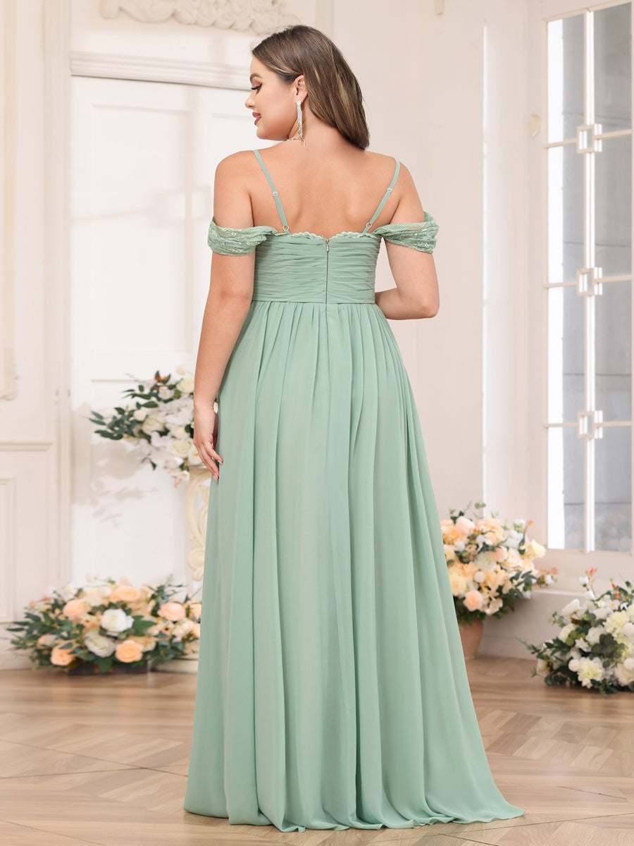 A-Line/Princess Spaghetti Straps Long Plus Size Wedding Party Dresses with Split Side & Pockets