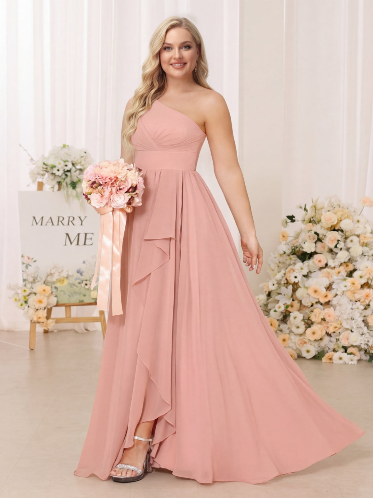 A-Line/Princess One-Shoulder Long Plus Size Bridesmaid Dresses With Split Side