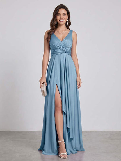 A-Line/Princess V-Neck Sleeveless Floor-Length Bridesmaid Dresses With Split Side & Ruffles