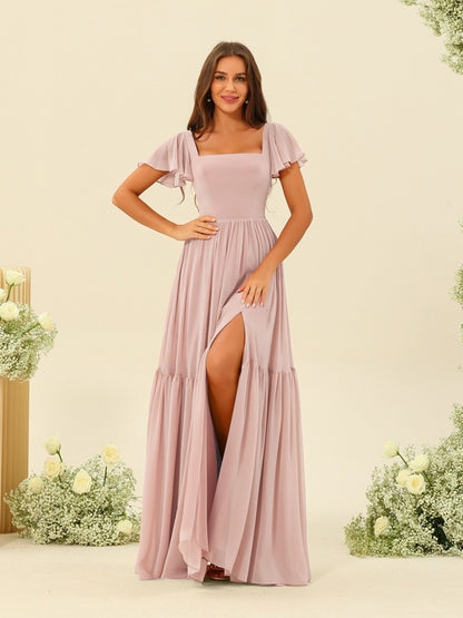 A-Line/Princess Ruffles Floor-Length Short Sleeves Bridesmaid Dresses