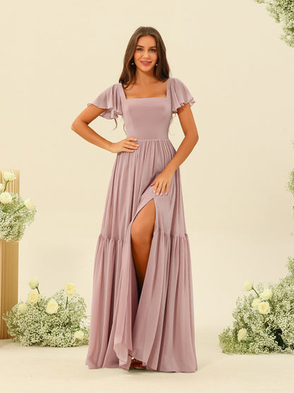 A-Line/Princess Ruffles Floor-Length Short Sleeves Bridesmaid Dresses
