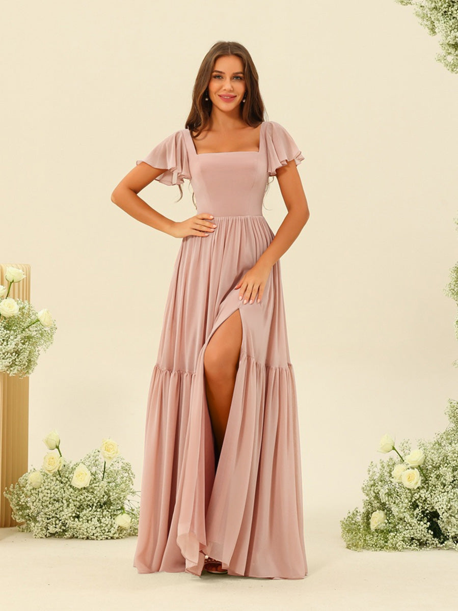 A-Line/Princess Ruffles Floor-Length Short Sleeves Bridesmaid Dresses