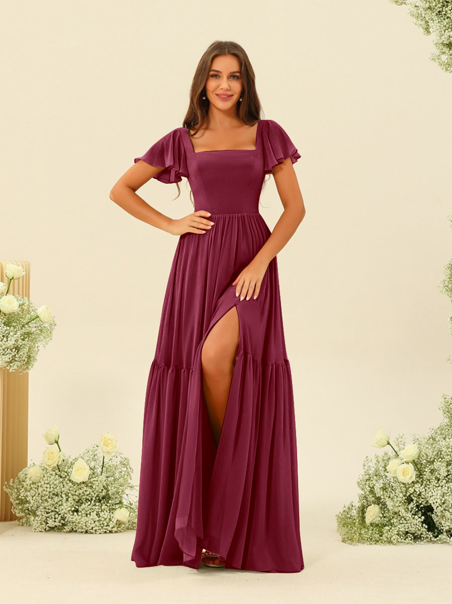 A-Line/Princess Ruffles Floor-Length Short Sleeves Bridesmaid Dresses