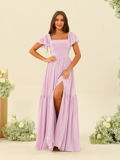 A-Line/Princess Ruffles Floor-Length Short Sleeves Bridesmaid Dresses