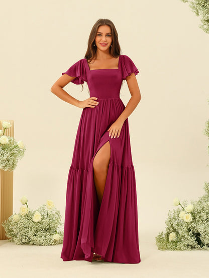 A-Line/Princess Ruffles Floor-Length Short Sleeves Bridesmaid Dresses