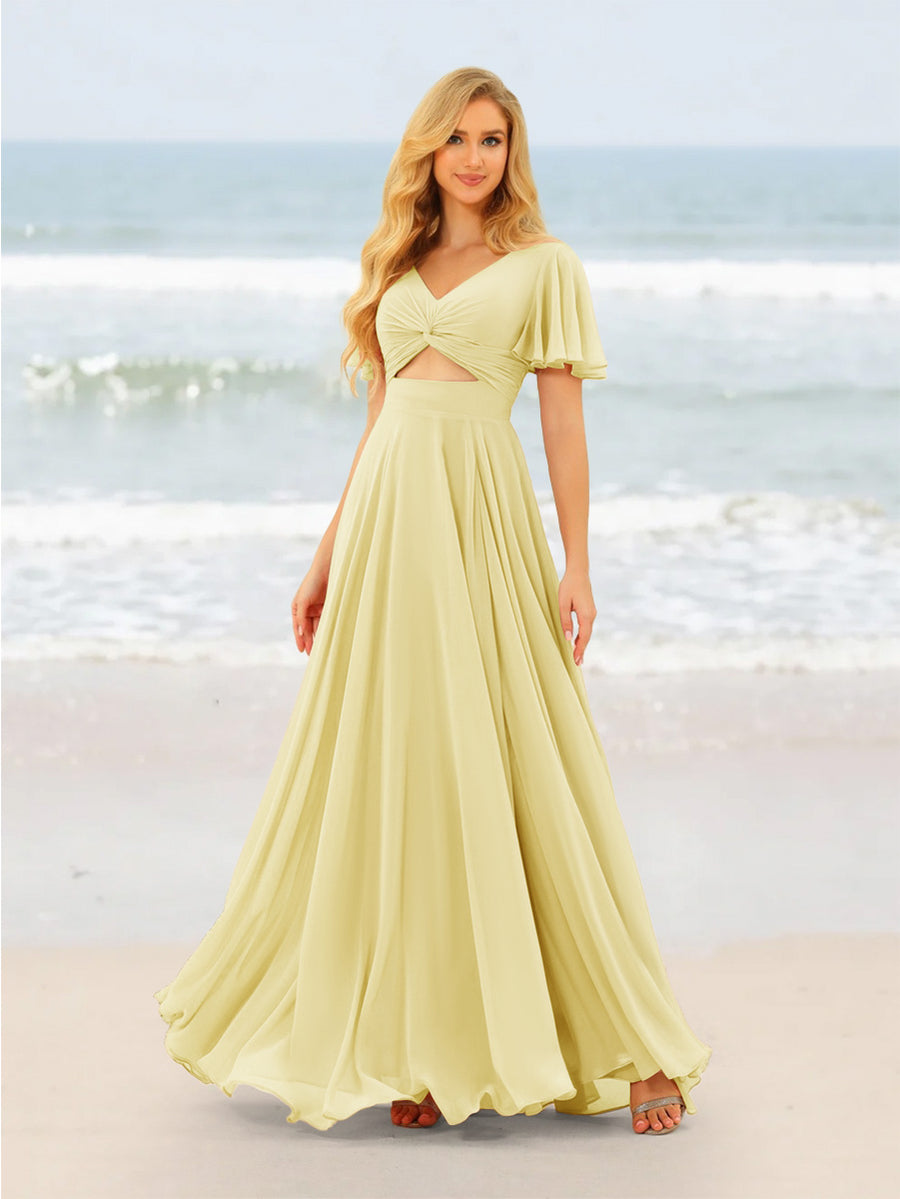 A-Line/Princess Ruffles V-Neck Short Sleeves Bridesmaid Dresses With Bowknot