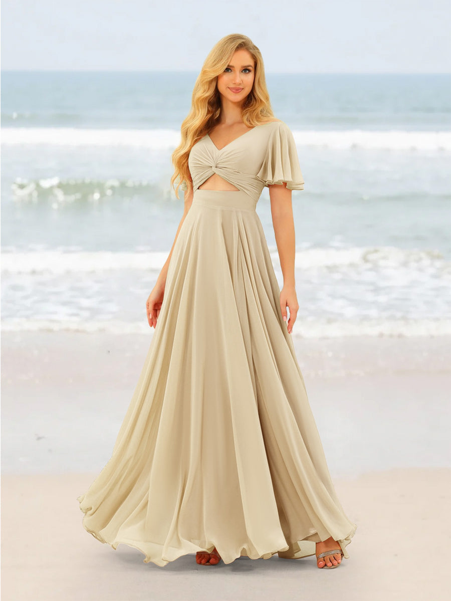 A-Line/Princess Ruffles V-Neck Short Sleeves Bridesmaid Dresses With Bowknot