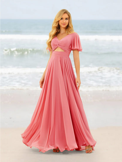 A-Line/Princess Ruffles V-Neck Short Sleeves Bridesmaid Dresses With Bowknot