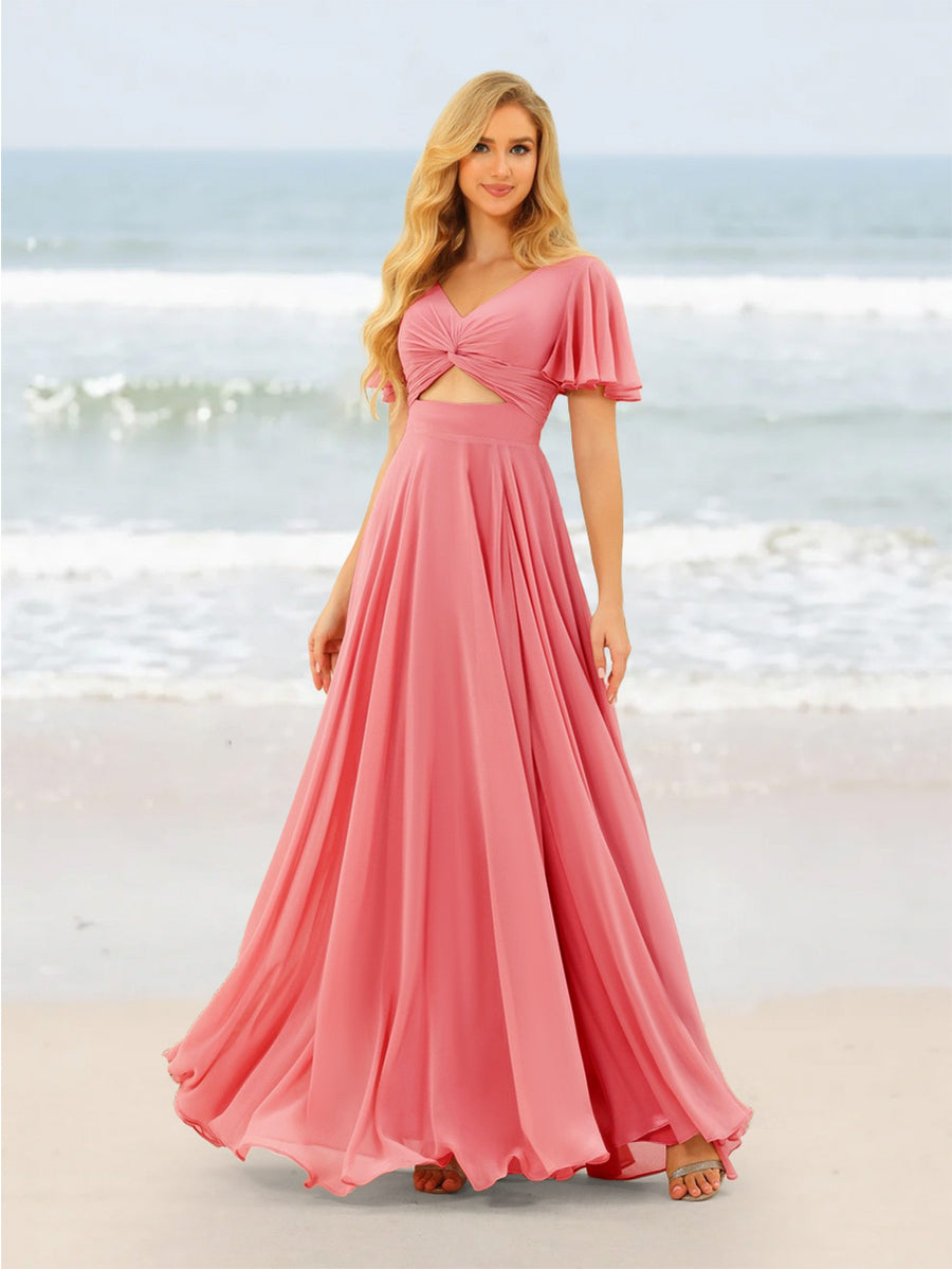 A-Line/Princess Ruffles V-Neck Short Sleeves Bridesmaid Dresses With Bowknot