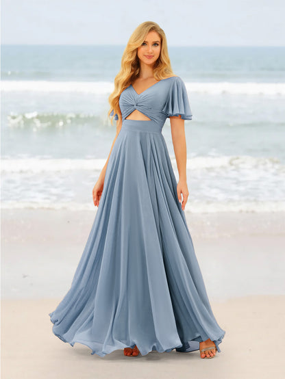 A-Line/Princess Ruffles V-Neck Short Sleeves Bridesmaid Dresses With Bowknot