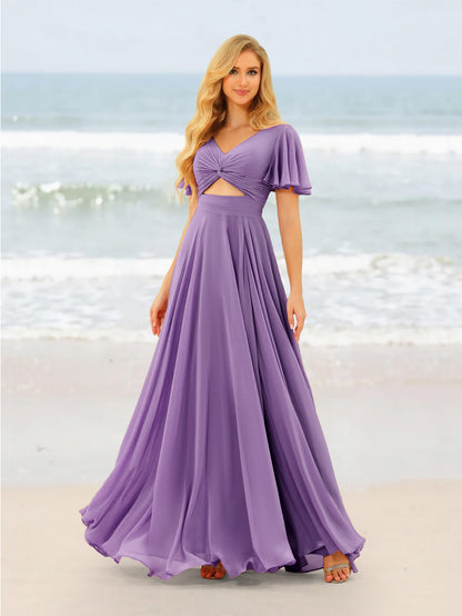 A-Line/Princess Ruffles V-Neck Short Sleeves Bridesmaid Dresses With Bowknot