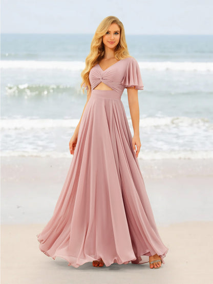 A-Line/Princess Ruffles V-Neck Short Sleeves Bridesmaid Dresses With Bowknot