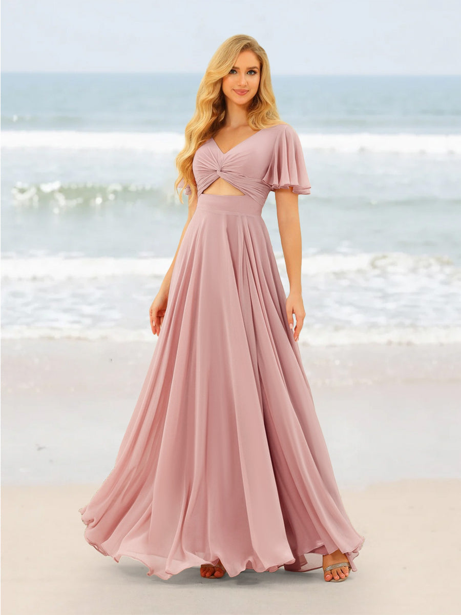 A-Line/Princess Ruffles V-Neck Short Sleeves Bridesmaid Dresses With Bowknot