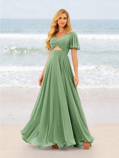 A-Line/Princess Ruffles V-Neck Short Sleeves Bridesmaid Dresses With Bowknot