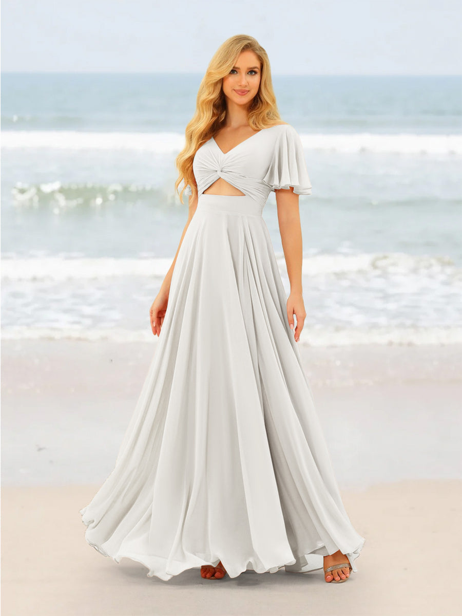 A-Line/Princess Ruffles V-Neck Short Sleeves Bridesmaid Dresses With Bowknot