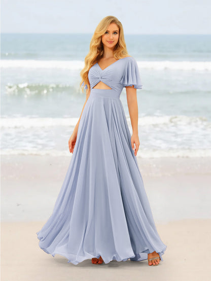A-Line/Princess Ruffles V-Neck Short Sleeves Bridesmaid Dresses With Bowknot