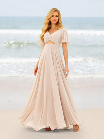 A-Line/Princess Ruffles V-Neck Short Sleeves Bridesmaid Dresses With Bowknot