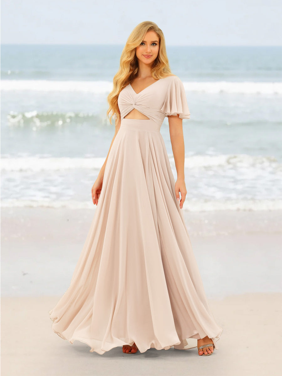 A-Line/Princess Ruffles V-Neck Short Sleeves Bridesmaid Dresses With Bowknot