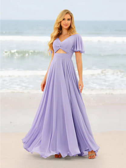A-Line/Princess Ruffles V-Neck Short Sleeves Bridesmaid Dresses With Bowknot