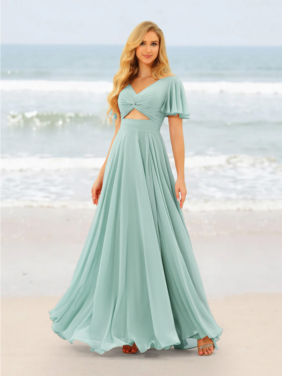 A-Line/Princess Ruffles V-Neck Short Sleeves Bridesmaid Dresses With Bowknot