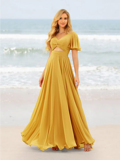 A-Line/Princess Ruffles V-Neck Short Sleeves Bridesmaid Dresses With Bowknot