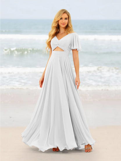 A-Line/Princess Ruffles V-Neck Short Sleeves Bridesmaid Dresses With Bowknot