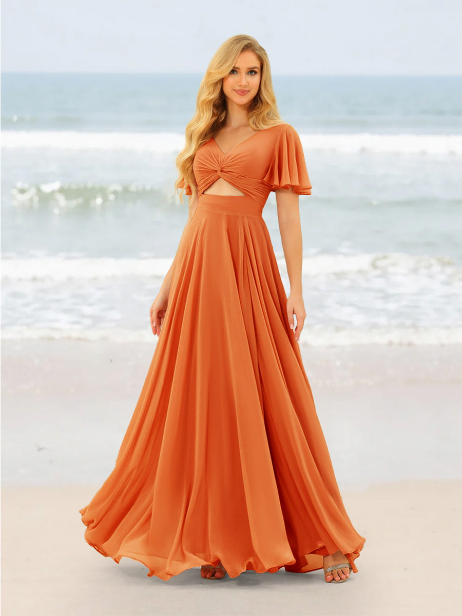 A-Line/Princess Ruffles V-Neck Short Sleeves Bridesmaid Dresses With Bowknot