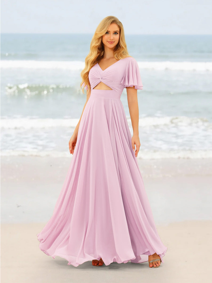 A-Line/Princess Ruffles V-Neck Short Sleeves Bridesmaid Dresses With Bowknot
