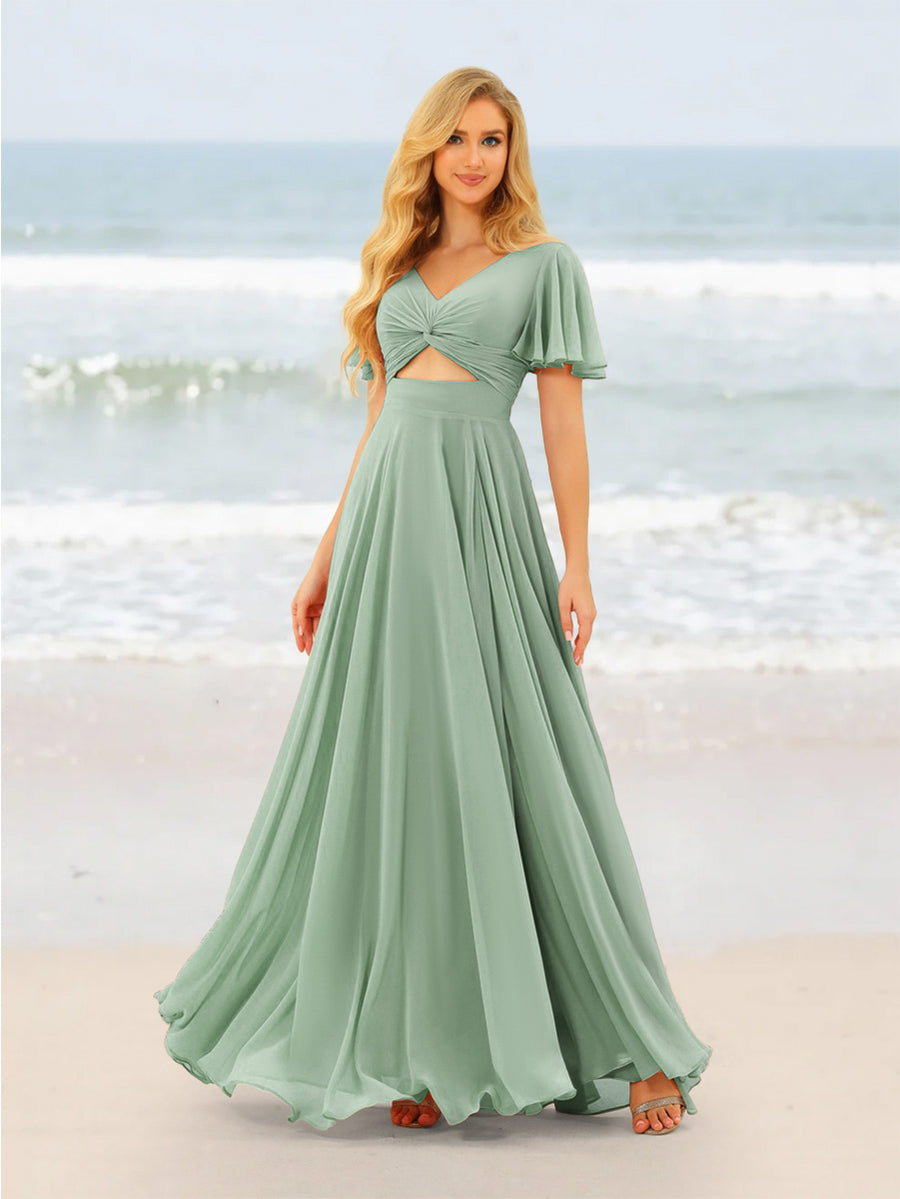 A-Line/Princess Ruffles V-Neck Short Sleeves Bridesmaid Dresses With Bowknot