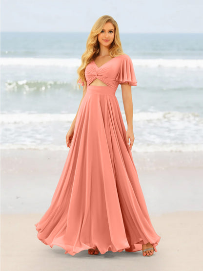 A-Line/Princess Ruffles V-Neck Short Sleeves Bridesmaid Dresses With Bowknot