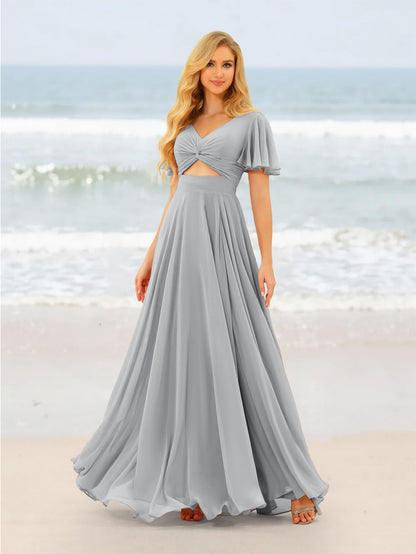 A-Line/Princess Ruffles V-Neck Short Sleeves Bridesmaid Dresses With Bowknot