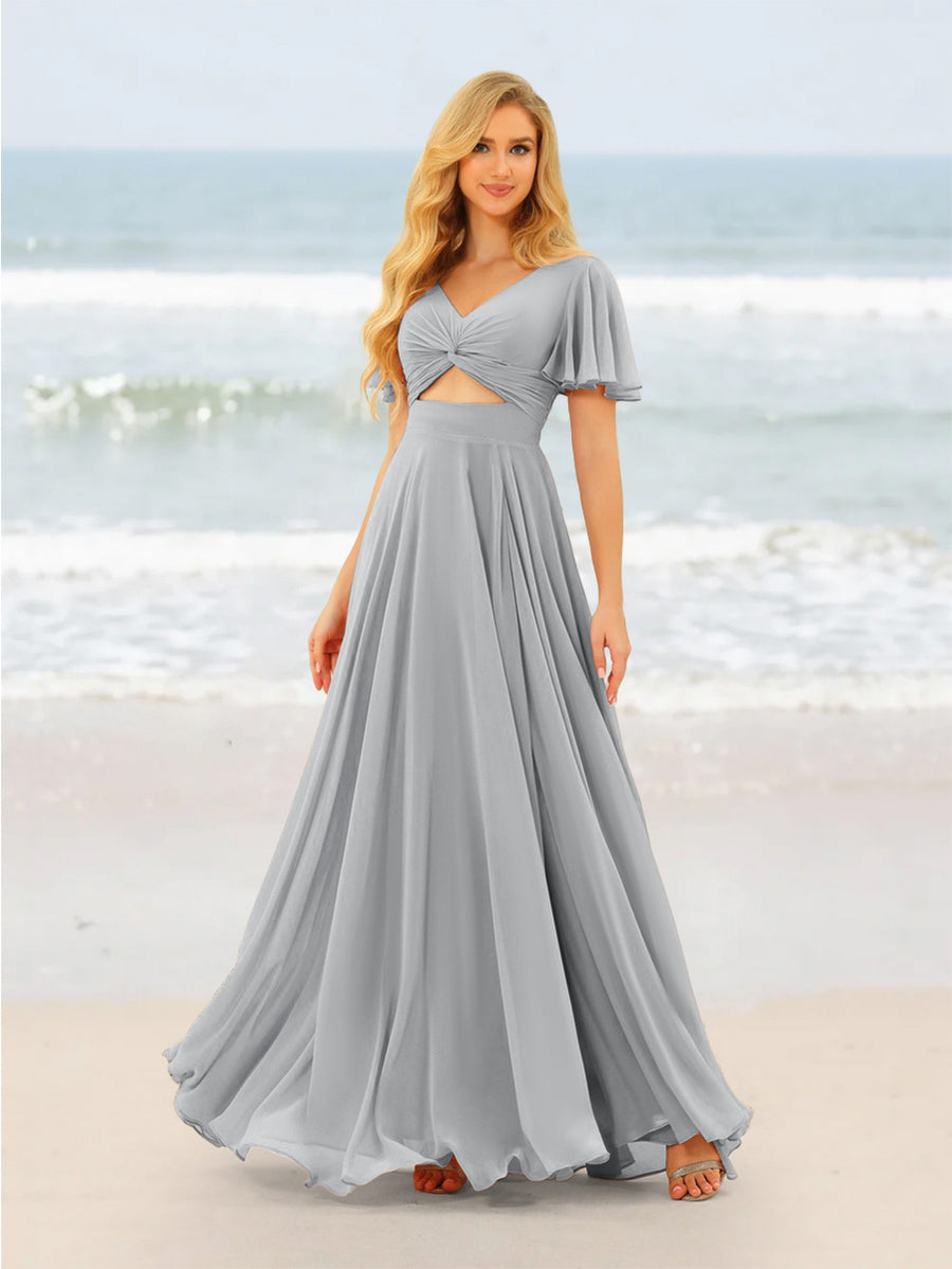 A-Line/Princess Ruffles V-Neck Short Sleeves Bridesmaid Dresses With Bowknot