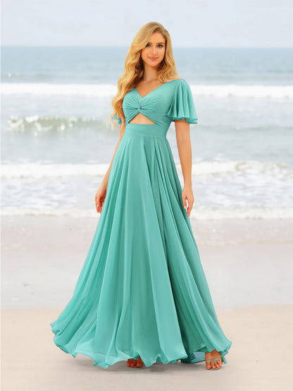 A-Line/Princess Ruffles V-Neck Short Sleeves Bridesmaid Dresses With Bowknot