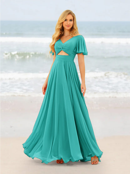 A-Line/Princess Ruffles V-Neck Short Sleeves Bridesmaid Dresses With Bowknot