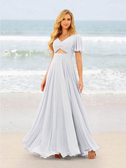 A-Line/Princess Ruffles V-Neck Short Sleeves Bridesmaid Dresses With Bowknot