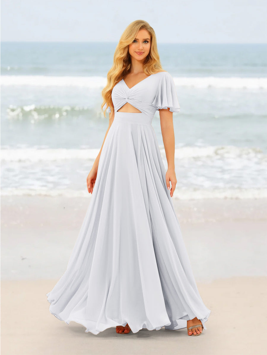 A-Line/Princess Ruffles V-Neck Short Sleeves Bridesmaid Dresses With Bowknot