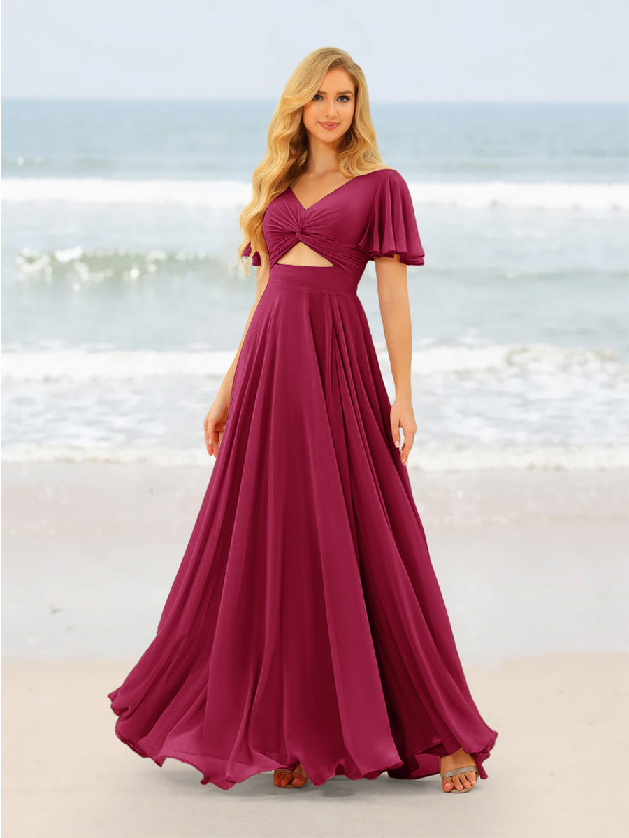 A-Line/Princess Ruffles V-Neck Short Sleeves Bridesmaid Dresses With Bowknot