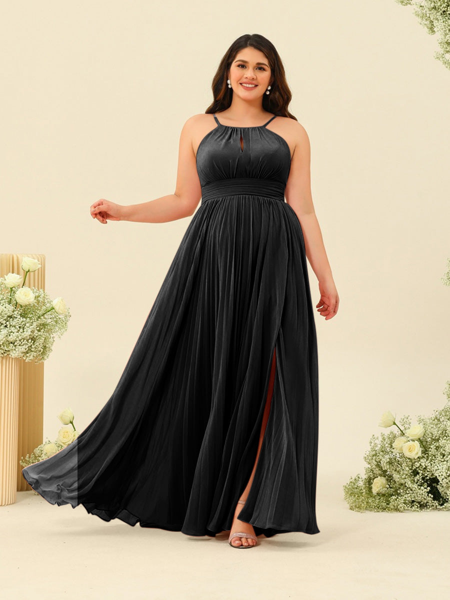 A-Line/Princess Halter Plus Size Long Bridesmaid Dresses with Split Side & Ruffles