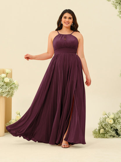 A-Line/Princess Halter Plus Size Long Bridesmaid Dresses with Split Side & Ruffles