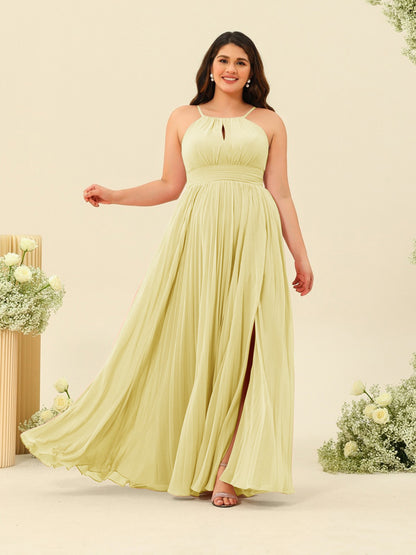 A-Line/Princess Halter Plus Size Long Bridesmaid Dresses with Split Side & Ruffles