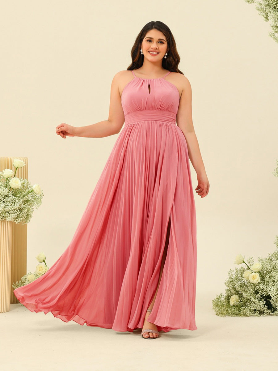 A-Line/Princess Halter Plus Size Long Bridesmaid Dresses with Split Side & Ruffles