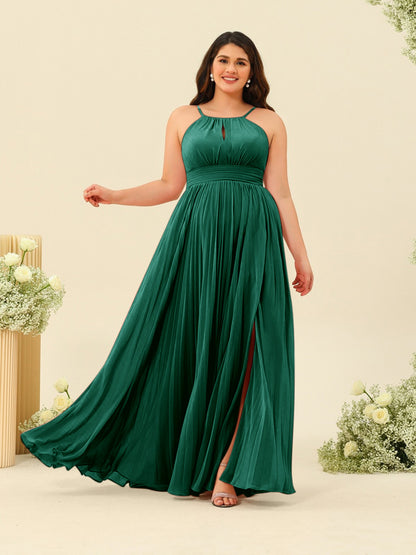 A-Line/Princess Halter Plus Size Long Bridesmaid Dresses with Split Side & Ruffles