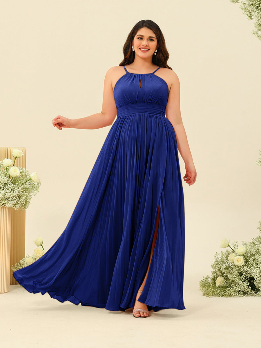 A-Line/Princess Halter Plus Size Long Bridesmaid Dresses with Split Side & Ruffles