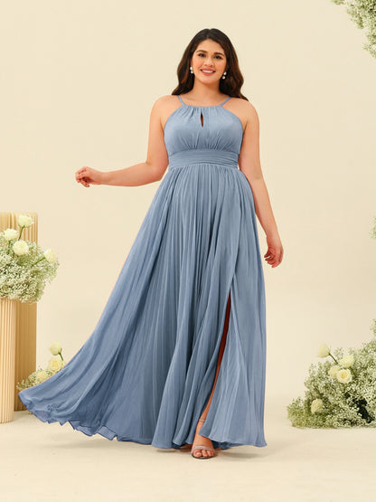 A-Line/Princess Halter Plus Size Long Bridesmaid Dresses with Split Side & Ruffles