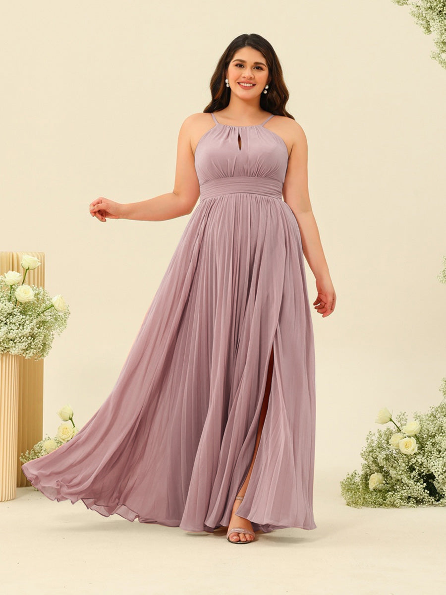 A-Line/Princess Halter Plus Size Long Bridesmaid Dresses with Split Side & Ruffles