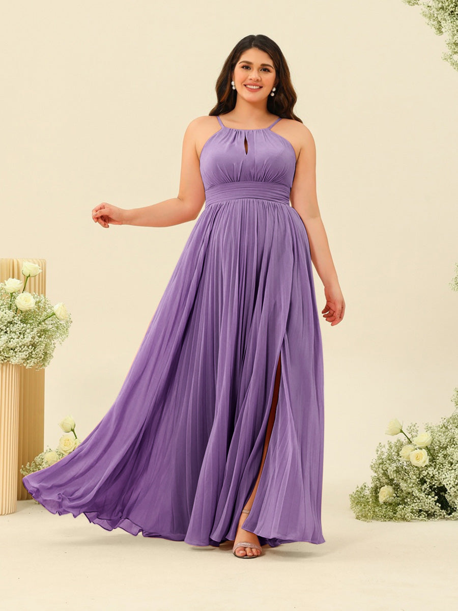 A-Line/Princess Halter Plus Size Long Bridesmaid Dresses with Split Side & Ruffles